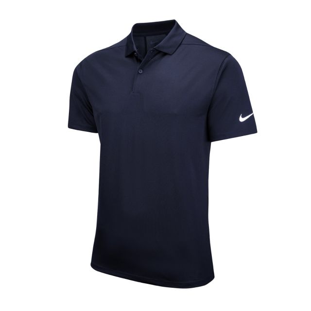 Navy blue Nike Dri-FIT golf polo shirt on a white background. Short-sleeve design with classic collar, three-button placket, and solid dark navy colour. Features a small white Nike Swoosh logo embroidered on the left sleeve.