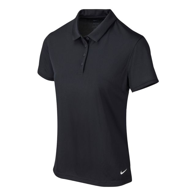 Women's black Nike Dri-FIT golf polo shirt displayed on a white background. Short-sleeve performance polo with classic collar, three-button placket, and solid black colour. Features a small white Nike Swoosh logo embroidered on the left chest and another 