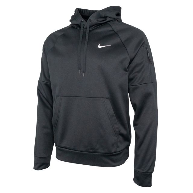 Black Nike Therma-FIT full-zip hoodie with raglan sleeves. The performance hoodie features a drawstring hood, full front zipper, large kangaroo pocket, white Nike Swoosh logo on the left chest, and a zipped utility pocket on the left sleeve. Relaxed athle