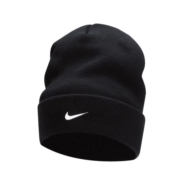 Grey Nike beanie hat displayed on a white background. Features a ribbed knit design with a folded cuff and a metallic silver Nike Swoosh logo embroidered on the front. Classic slouchy style perfect for cold weather.