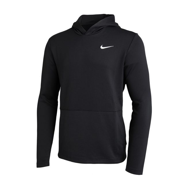 Man wearing a black Nike Dri-FIT long-sleeve hooded top. The performance hoodie features a drawstring hood, textured mesh fabric, white Nike Swoosh logo on the left chest, kangaroo pocket, raglan sleeves, and a relaxed athletic fit. Shown in a side profil