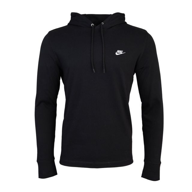 Black Nike Sportswear Club pullover hoodie. Classic black long-sleeve hoodie with drawstring hood, kangaroo pocket, ribbed cuffs and hem, and small white embroidered white Nike Swoosh logo on the left chest. Relaxed fit, shown against a plain white backgr
