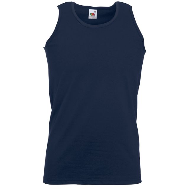 Deep navy Fruit of the Loom Valueweight athletic vest. Sleeveless tank top in navy with soft cotton fabric, round neck, and relaxed athletic fit. Shown in three-quarter profile against a white light background.