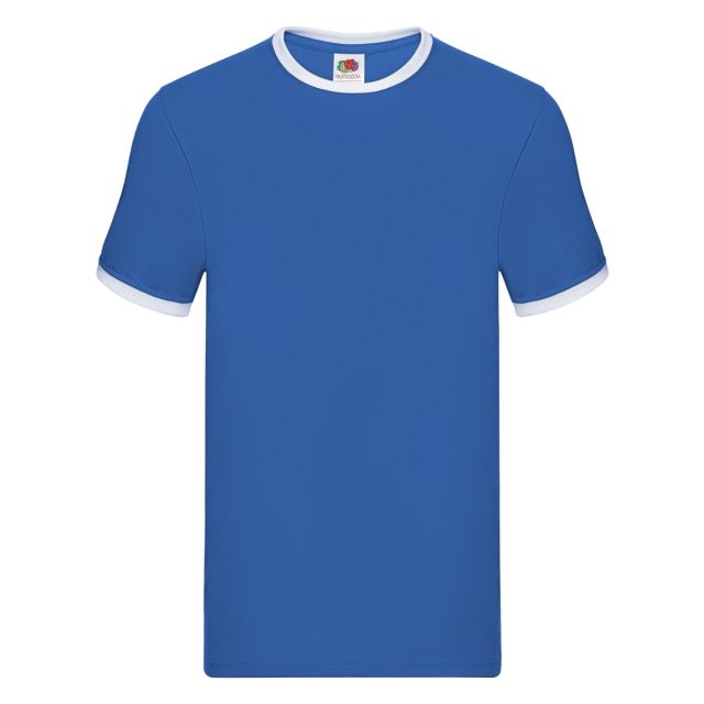 Bright blue Fruit of the Loom Valueweight T-Shirt with contrast white neck and sleeve cuffs in a classic raglan style. Short-sleeve crew neck tee with white ribbing on collar and arms, shown against a white background. Clean, sporty contrast design perfec