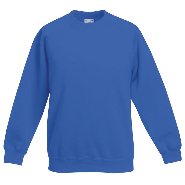 Blue Fruit of the Loom Kids Classic Set-In Sweatshirt laid flat, featuring a comfortable crew neck with Cotton/Lycra® ribbing, raglan-style long sleeves, ribbed cuffs and hem, and the Fruit of the Loom label at the neck. Front view on a plain white backgr