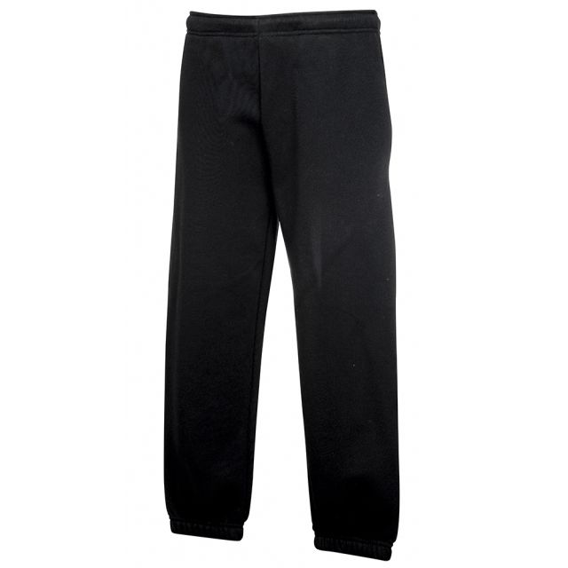 A flat-lay product photograph of classic black kids jog pants displayed on a white background. These youth sweatpants feature an elasticated waistband with inner drawcord channel (drawcord compliant for safety), side seam pockets, relaxed straight legs, a