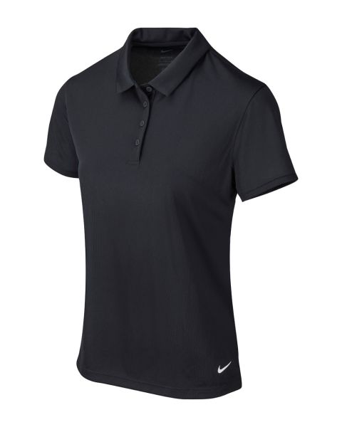Women's black Nike Dri-FIT golf polo shirt displayed on a white background. Short-sleeve performance polo with classic collar, three-button placket, and solid black colour. Features a small white Nike Swoosh logo embroidered on the left chest and another 