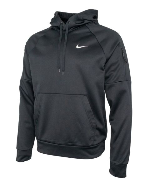 Black Nike Therma-FIT full-zip hoodie with raglan sleeves. The performance hoodie features a drawstring hood, full front zipper, large kangaroo pocket, white Nike Swoosh logo on the left chest, and a zipped utility pocket on the left sleeve. Relaxed athle
