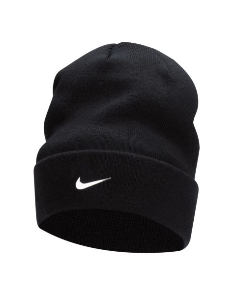 Grey Nike beanie hat displayed on a white background. Features a ribbed knit design with a folded cuff and a metallic silver Nike Swoosh logo embroidered on the front. Classic slouchy style perfect for cold weather.