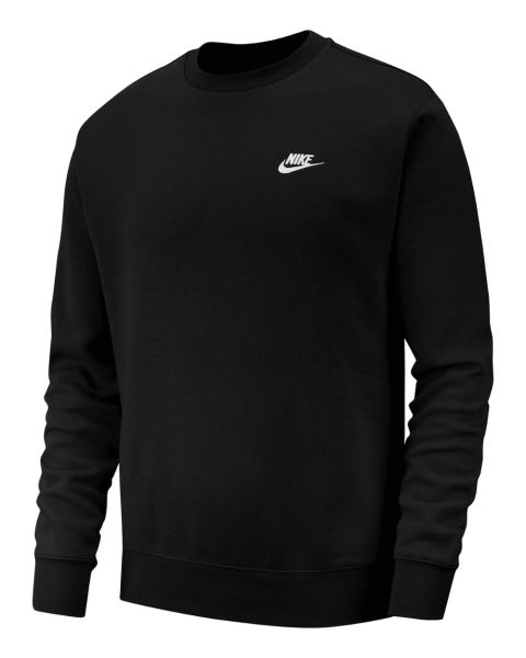 Black blue Nike Sportswear Club crew neck sweatshirt displayed on a white background. Long-sleeve fleece crew with ribbed cuffs, hem, and collar. Features a white embroidered Nike logo with "NIKE" text on the left chest. Relaxed fit for casual comfort.
