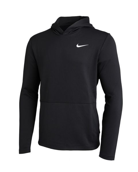Man wearing a black Nike Dri-FIT long-sleeve hooded top. The performance hoodie features a drawstring hood, textured mesh fabric, white Nike Swoosh logo on the left chest, kangaroo pocket, raglan sleeves, and a relaxed athletic fit. Shown in a side profil
