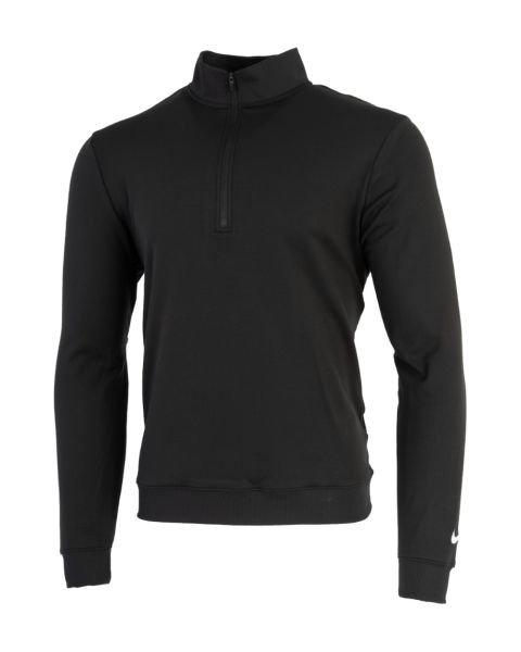 Black Nike Dri-FIT quarter-zip golf top with stand collar and half-zip placket. Long-sleeve performance layer in solid neutral tone, featuring raglan sleeves, white Nike Swoosh logo on the left chest, ribbed cuffs and hem, and a sleek, fitted silhouette. 