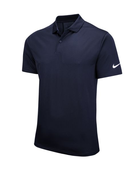 Navy blue Nike Dri-FIT golf polo shirt on a white background. Short-sleeve design with classic collar, three-button placket, and solid dark navy colour. Features a small white Nike Swoosh logo embroidered on the left sleeve.