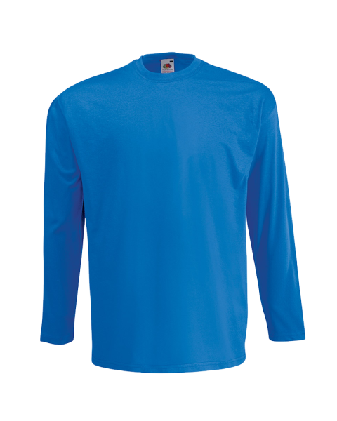 Man wearing a bright blue Fruit of the Loom Valueweight long-sleeve T-shirt. Classic crew-neck long-sleeve tee in solid vibrant blue with soft cotton fabric. Relaxed fit, shown in three-quarter profile against a light grey background.